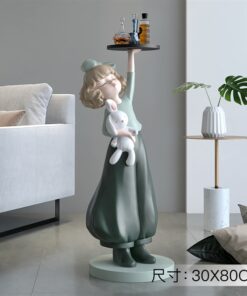 Decor tượng cô gái xanh rêu bê khay (M) 5