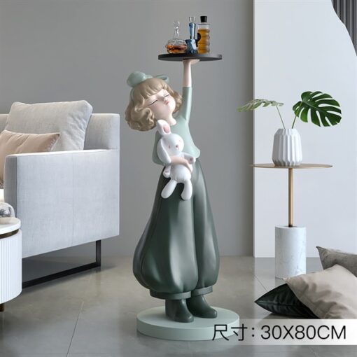 Decor tượng cô gái xanh rêu bê khay (M) 3