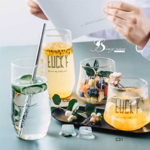 Cốc thuỷ tinh in chữ LUCKY đen 400ml (thấp) 3