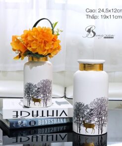 Bình gốm màu trắng hoạ tiết tím có hoa 13