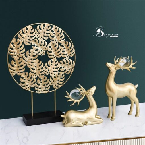 Bộ 2 huơu vàng đồng + cầu pha lê + khanh đứng 1