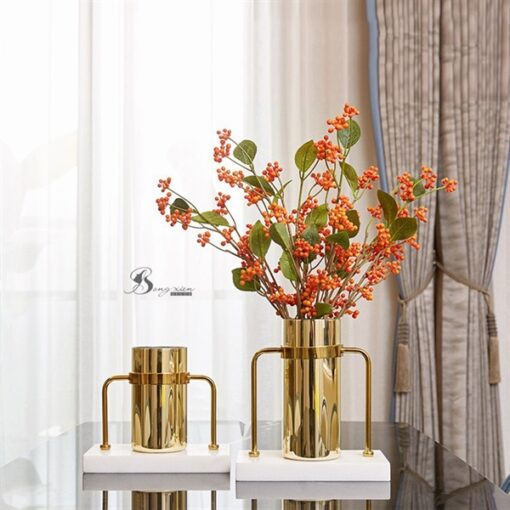 Decor bình vàng ruột gương đế đá trắng S 3