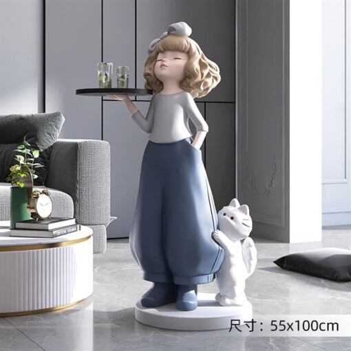 Decor tượng cô gái xanh ngọc +mèo bê khay (M) 3