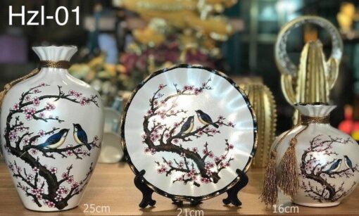 Sét đĩa bình gốm mai vàng cao 1