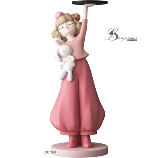 Decor tượng cô gái hồng bê khay (S) 1