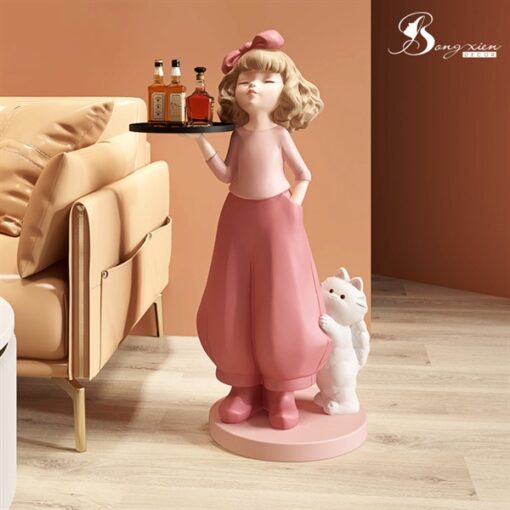 Decor tượng cô gái hồng kèm mèo bê khay (M) 1