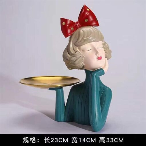 Decor tượng cô gái bê khay màu xanh đậm 1