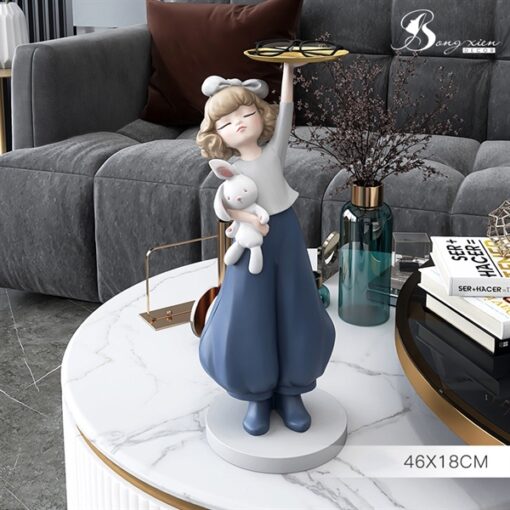 Decor tượng cô gái xanh ngọc bê khay (S) 1