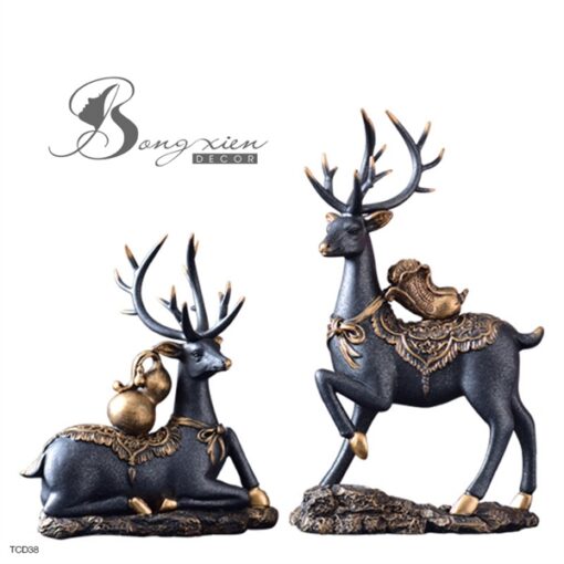 Decor cặp hươu màu xanh có đeo hồ lô 3