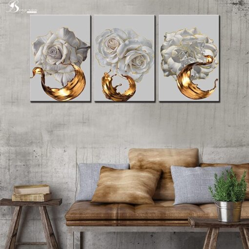 Tranh hoa hồng trắng đính đá 3x(60x80) 1