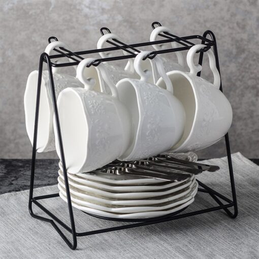 Bộ chén sứ 6 chén trắng hoa hồng (có giá treo đen, không ấm) 1
