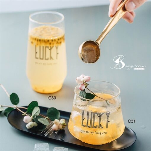 Cốc thuỷ tinh in chữ LUCKY đen 400ml (thấp) 5