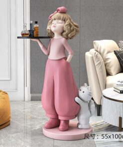 Decor tượng cô gái hồng kèm mèo bê khay (M) 5