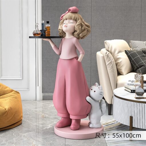 Decor tượng cô gái hồng kèm mèo bê khay (M) 3