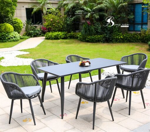Bộ bàn ghế vuông nhôm đúc 6 ghế màu đen 1