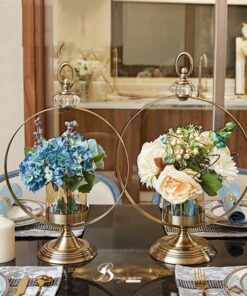 Decor bình nâu, đế cổ điển, khung tròn + hoa 9