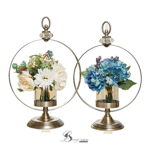 Decor bình nâu, đế cổ điển, khung tròn + hoa 7