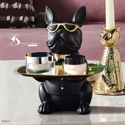 Decor tượng chó bull màu đen nâng khay 3